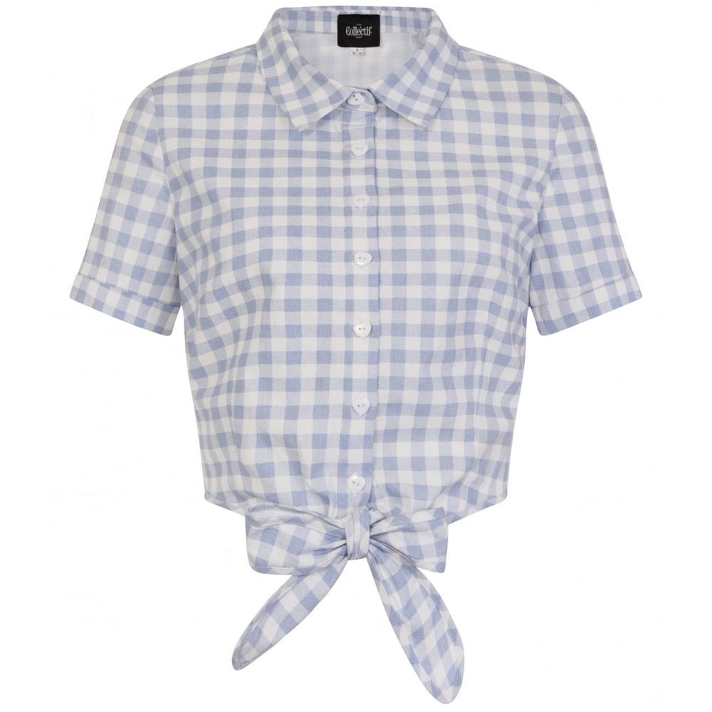 Collectif 50s Sammy Vintage Tie Blouse Heart Buttons Blue and White Gingham